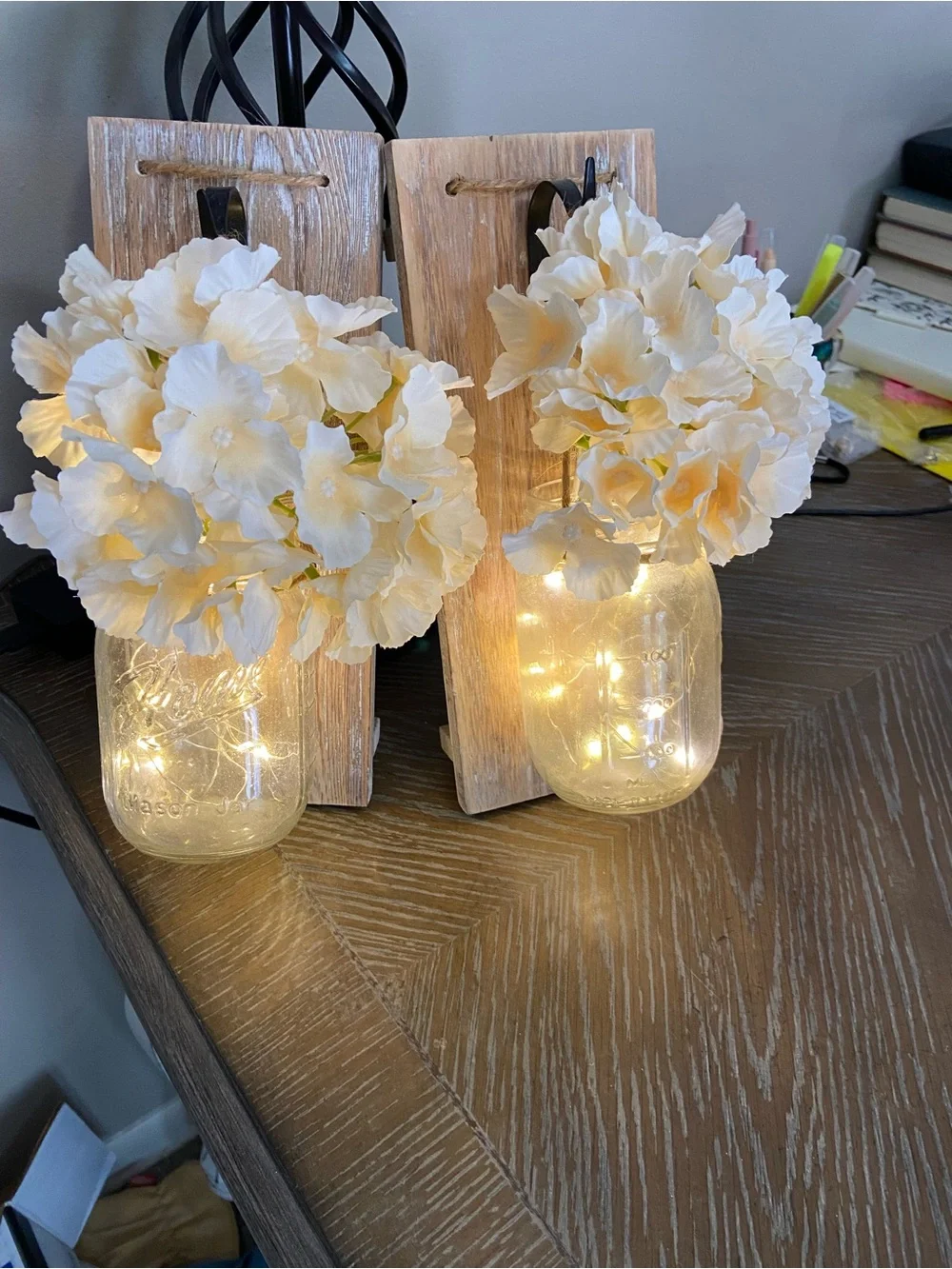 Rustic Wall Sconce Pair with Cream Hydrangea and Warm LED Mason Jars